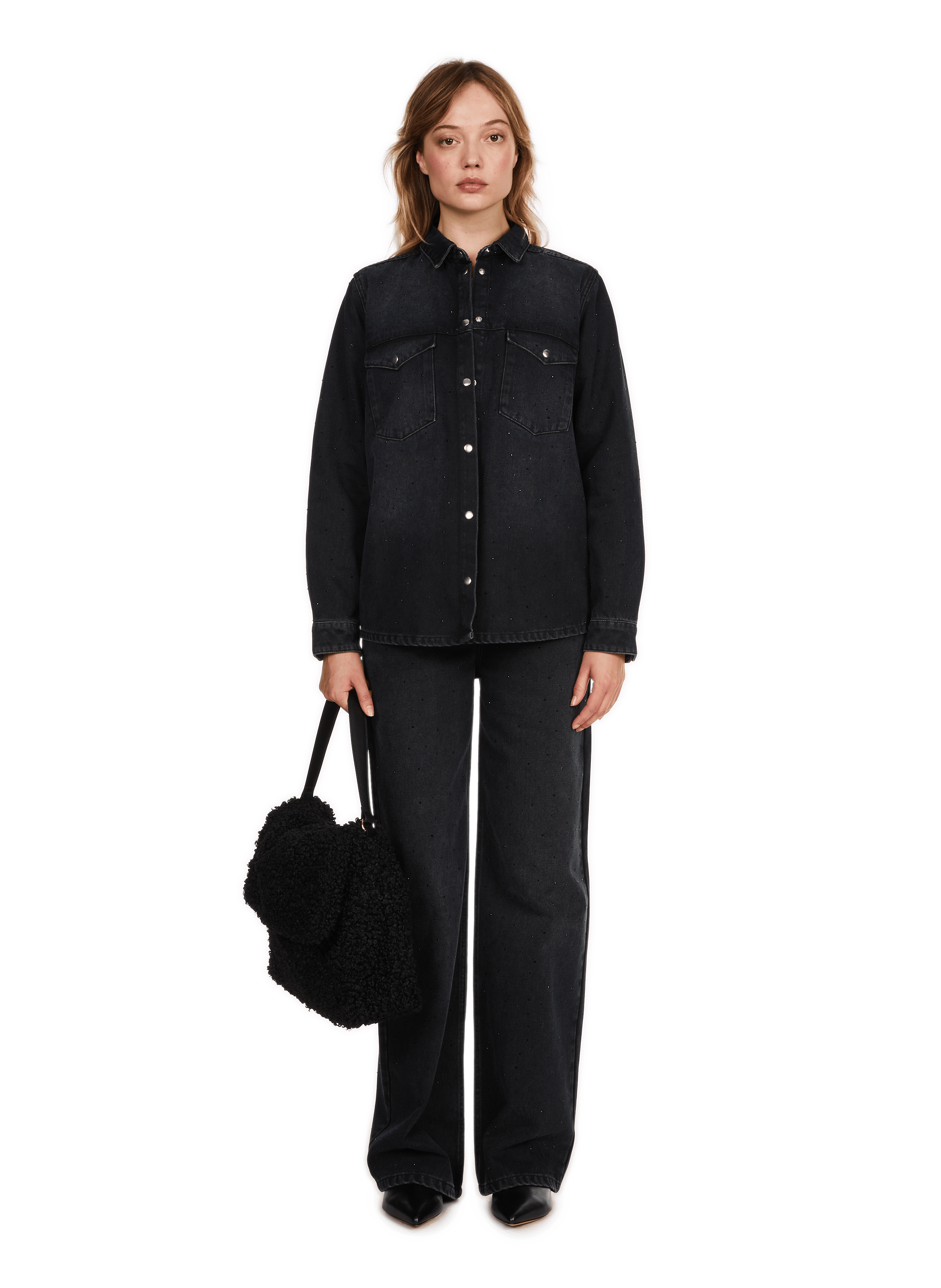 UVIK - Chemise droite en denim strassée| Noir