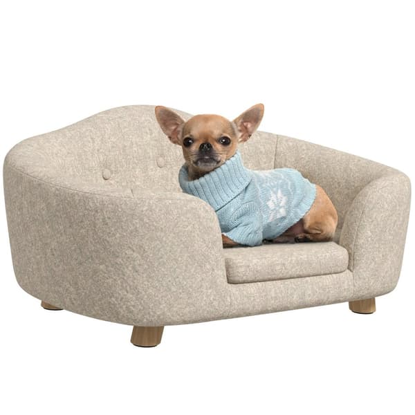 Hundesofa baklomme plysjtrekk med pute, katteseng, egnet for små hunder, furu, 70 x 47 x 30 cm, kremhvit