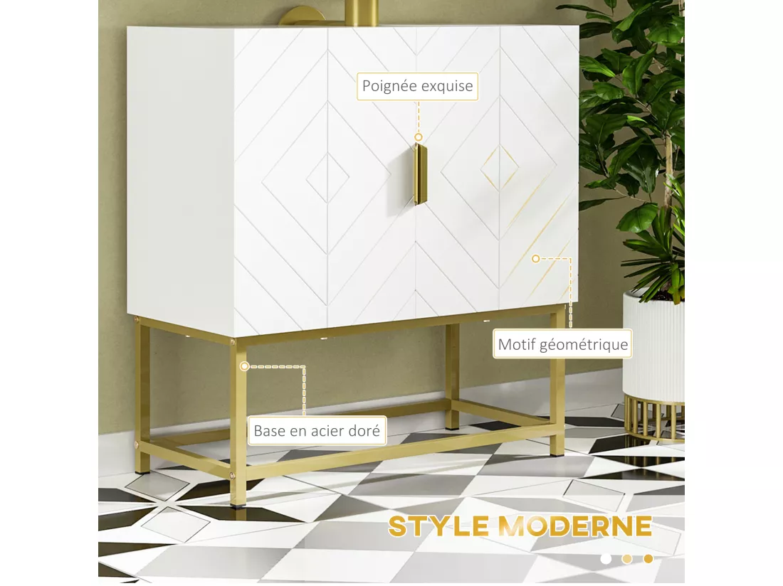 Meuble sous vasque - 2 portes - dim. 60L x 30l x 65H cm - acier doré MDF blanc
