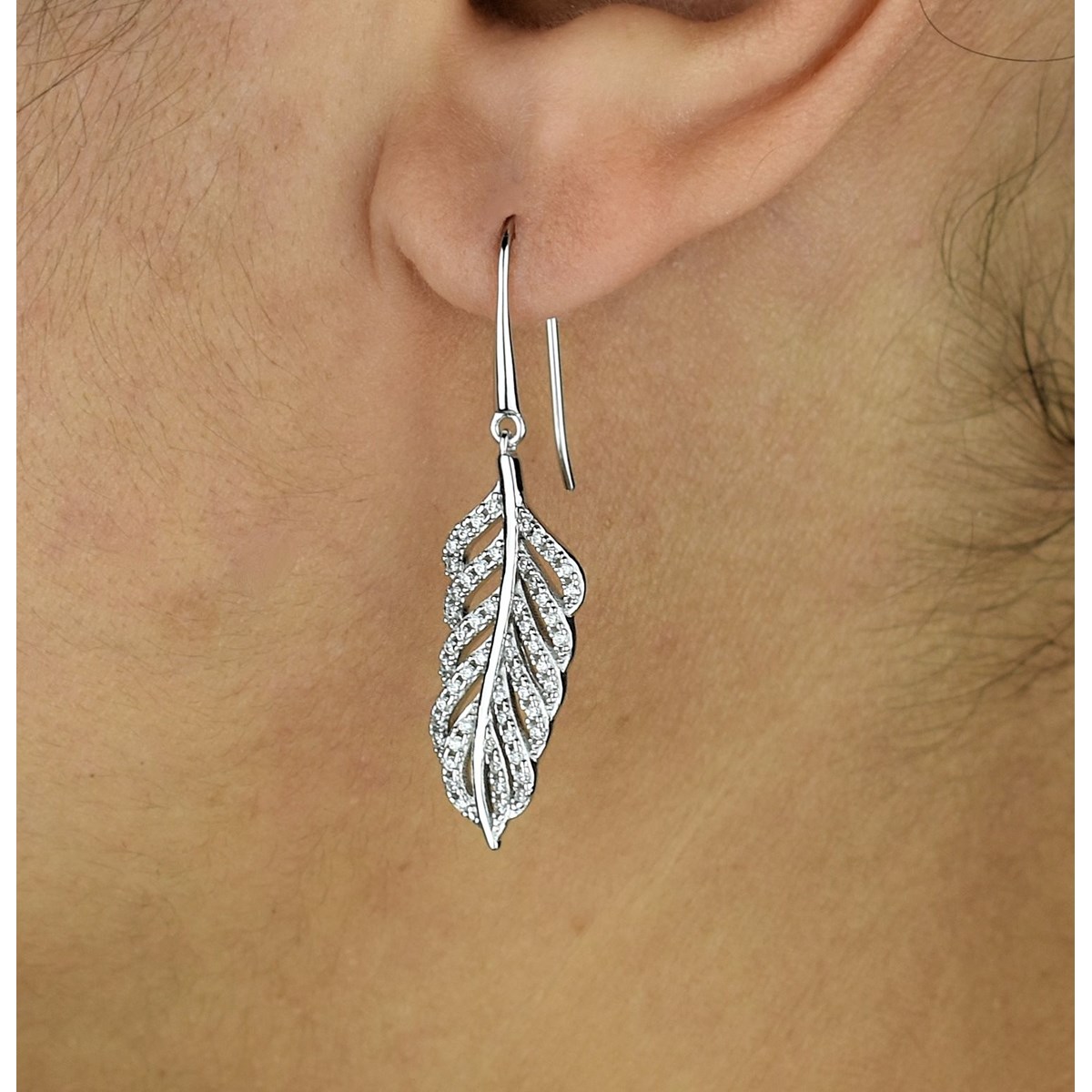 Boucles d'oreilles feuille sertie d'oxydes de zirconium pendantes Argent 925 Rhodié