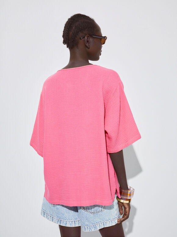 Camiseta de algodão texturizado - Rosa
