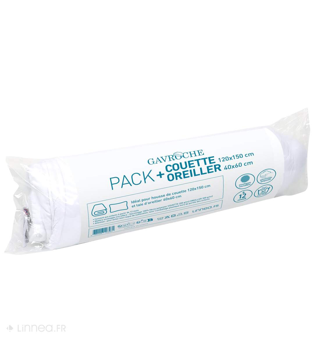 Pack couette 120x150 garnissage 100% polyester 200g/m2 et oreiller 40x60 cm GAVROCHE blanc