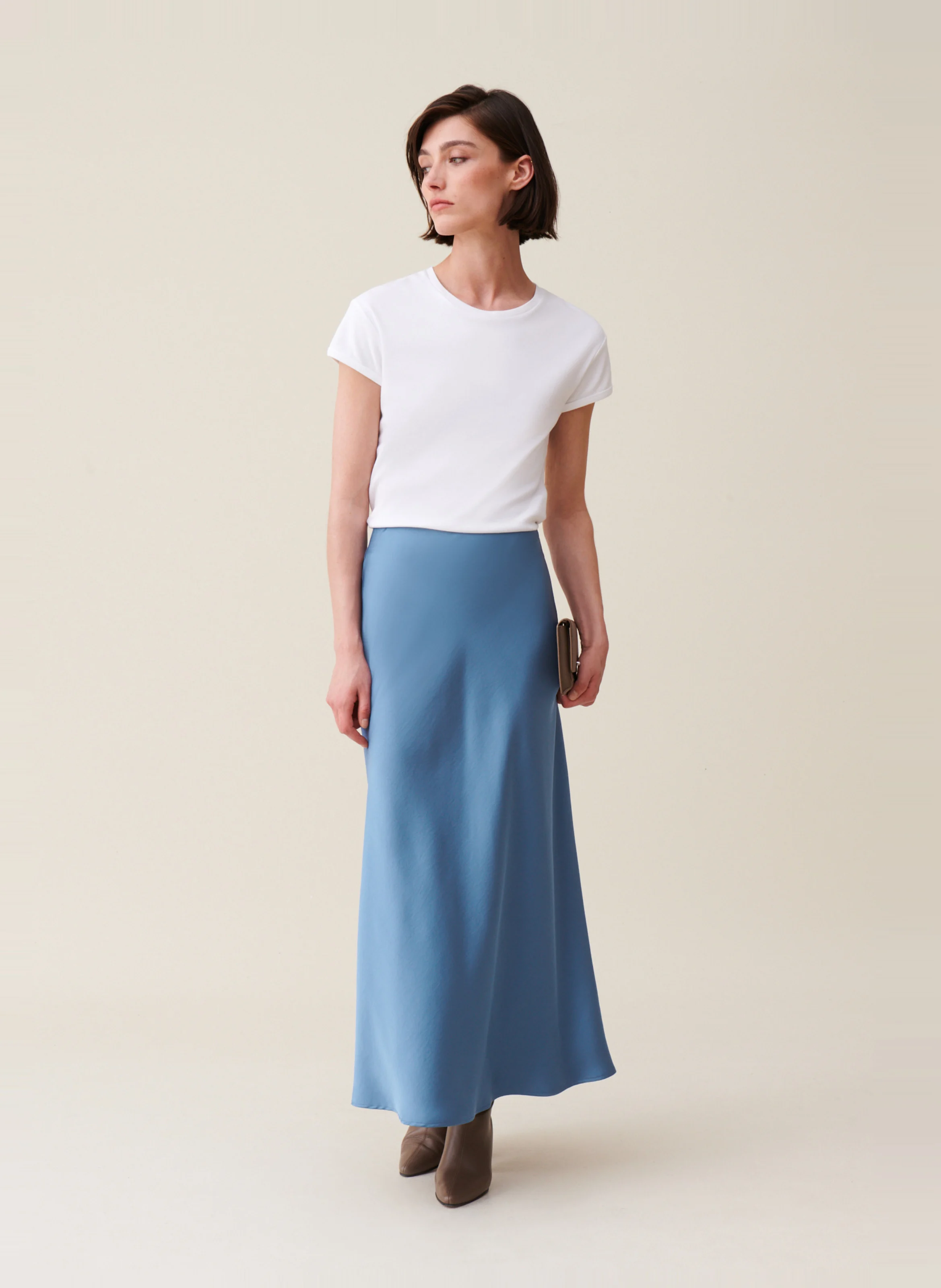 Jupe longue fluide satinée| Bleu