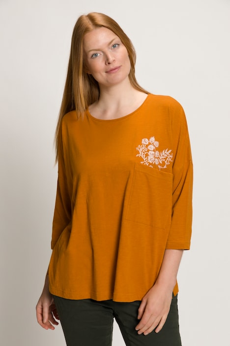 Shirt, Stickerei, Rundhals, 3/4-Arm, Biobaumwolle