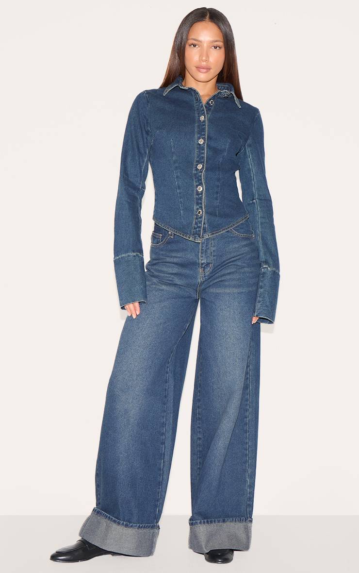 Bleu Indigo Foncé Jean Large Taille Mi-haute À Revers Pour Grande Taille