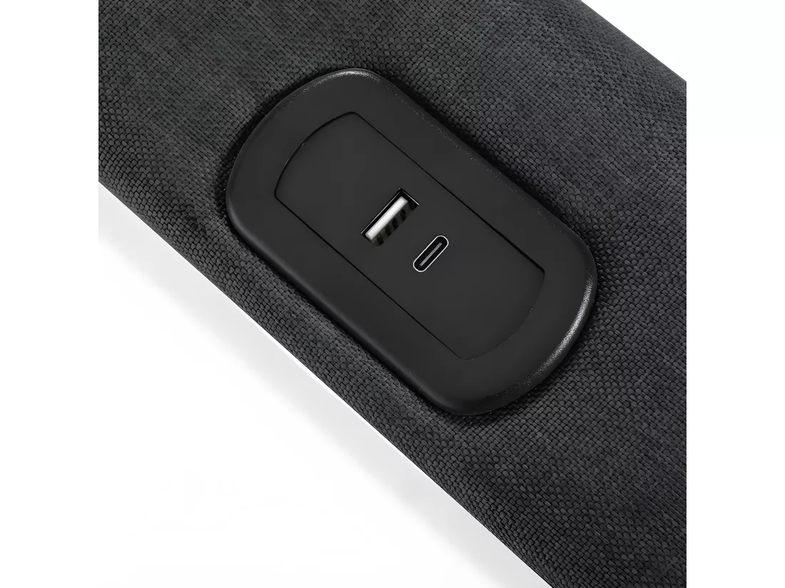 Lit coffre rembourré 160x200cm avec LED et Port de charge USB et Type-C - Tissu en Lin - sommier à lattes - Gris