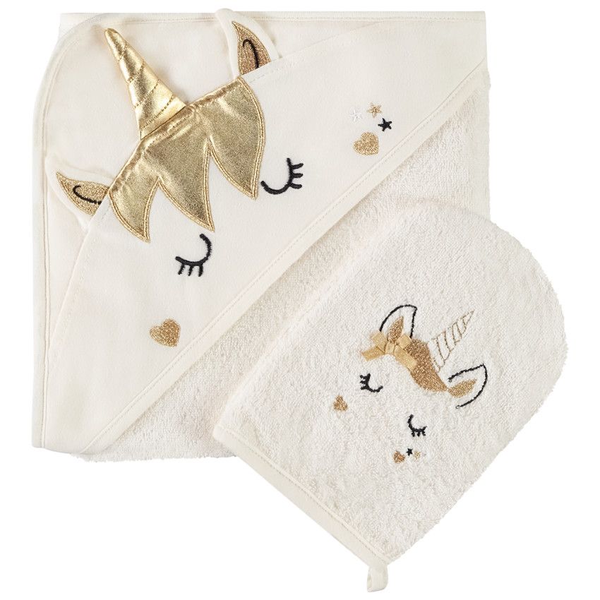 Set de bain cape + gant de toilette Licorne pour bébé fille - Ecru