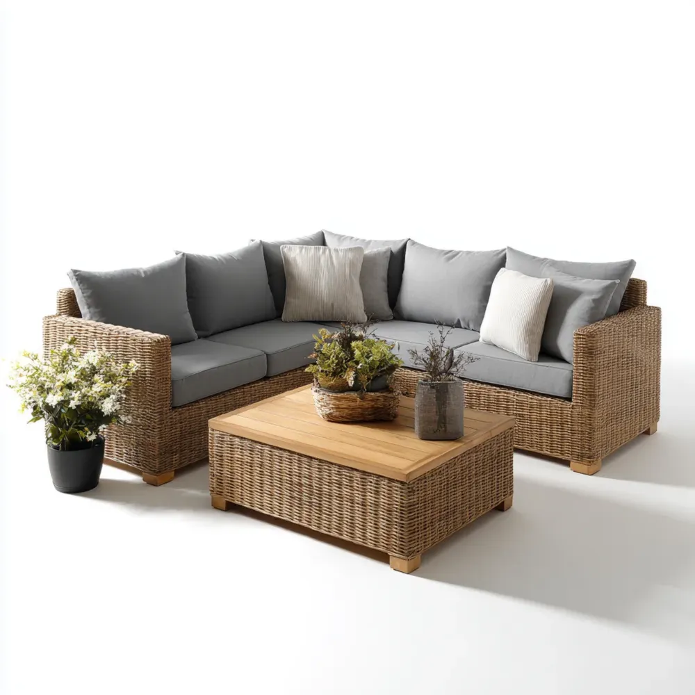 Ecksofa Set Rattan mit Couchtisch - Grau/Natur