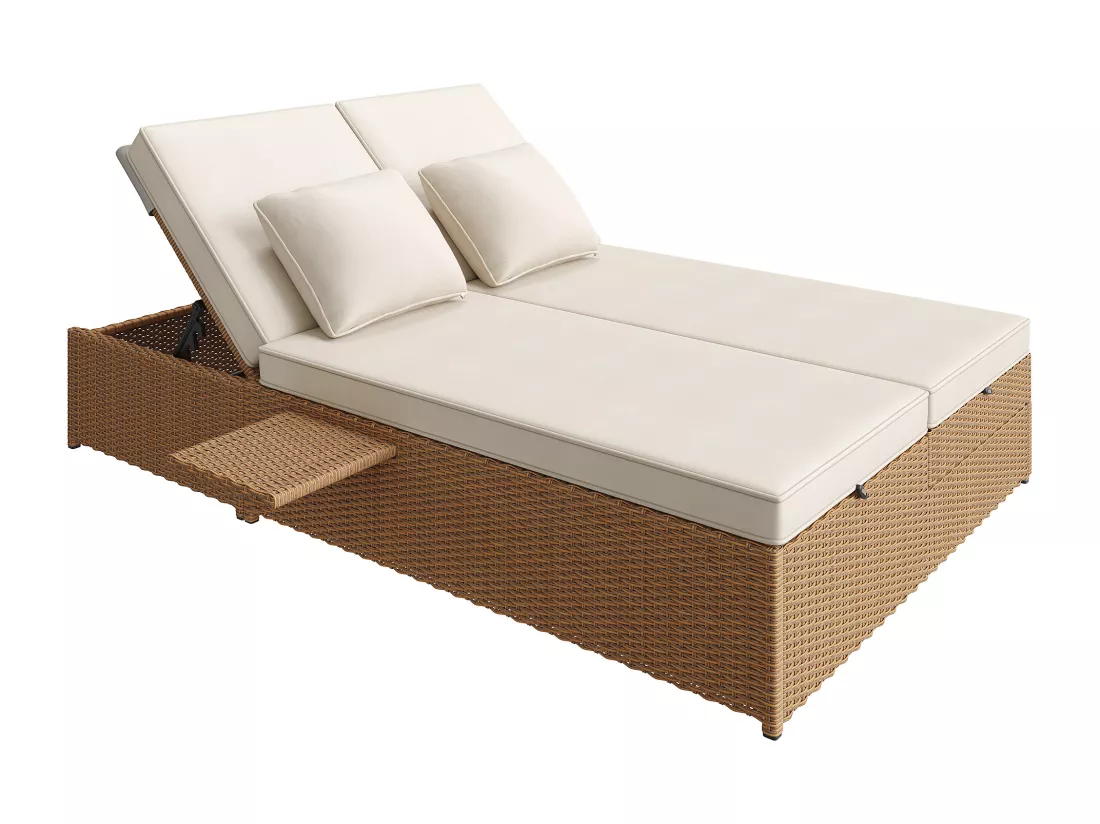 Salon de jardin pour 2 personnes - Canapé lounge en rotin PE avec 2 oreillers et pliable - Ensemble de chaises longues de jardin - Naturel