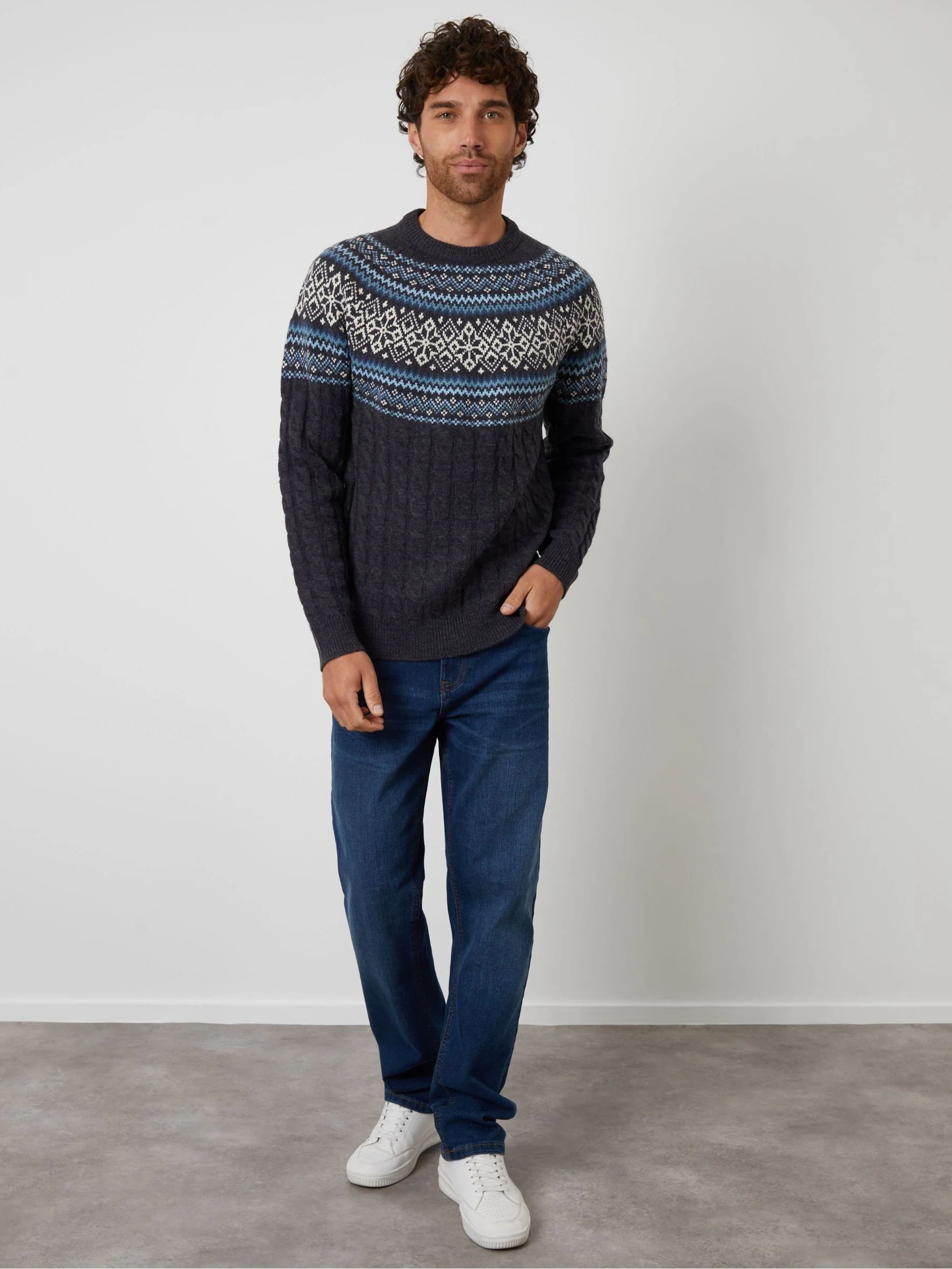 Marineblauw - Threadbare kabelgebreide kersttrui met ronde hals en fairisle-patroon