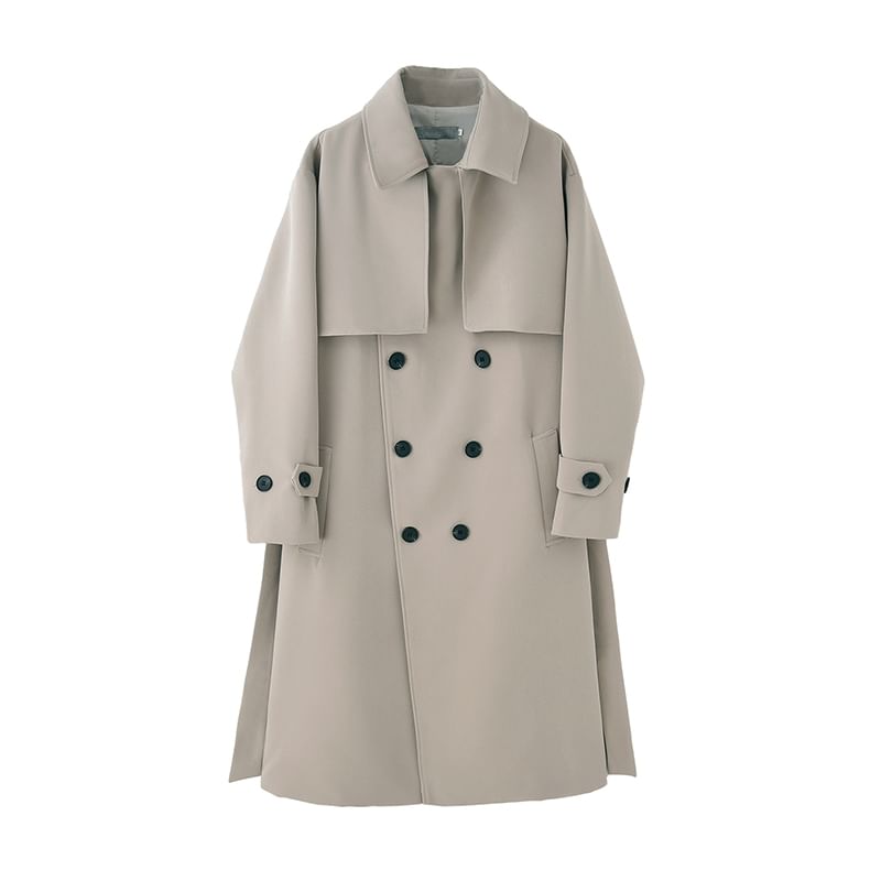 Adotuastic - Reverskraag, effen strikceintuur, dubbele rij knopen, lange trenchcoat