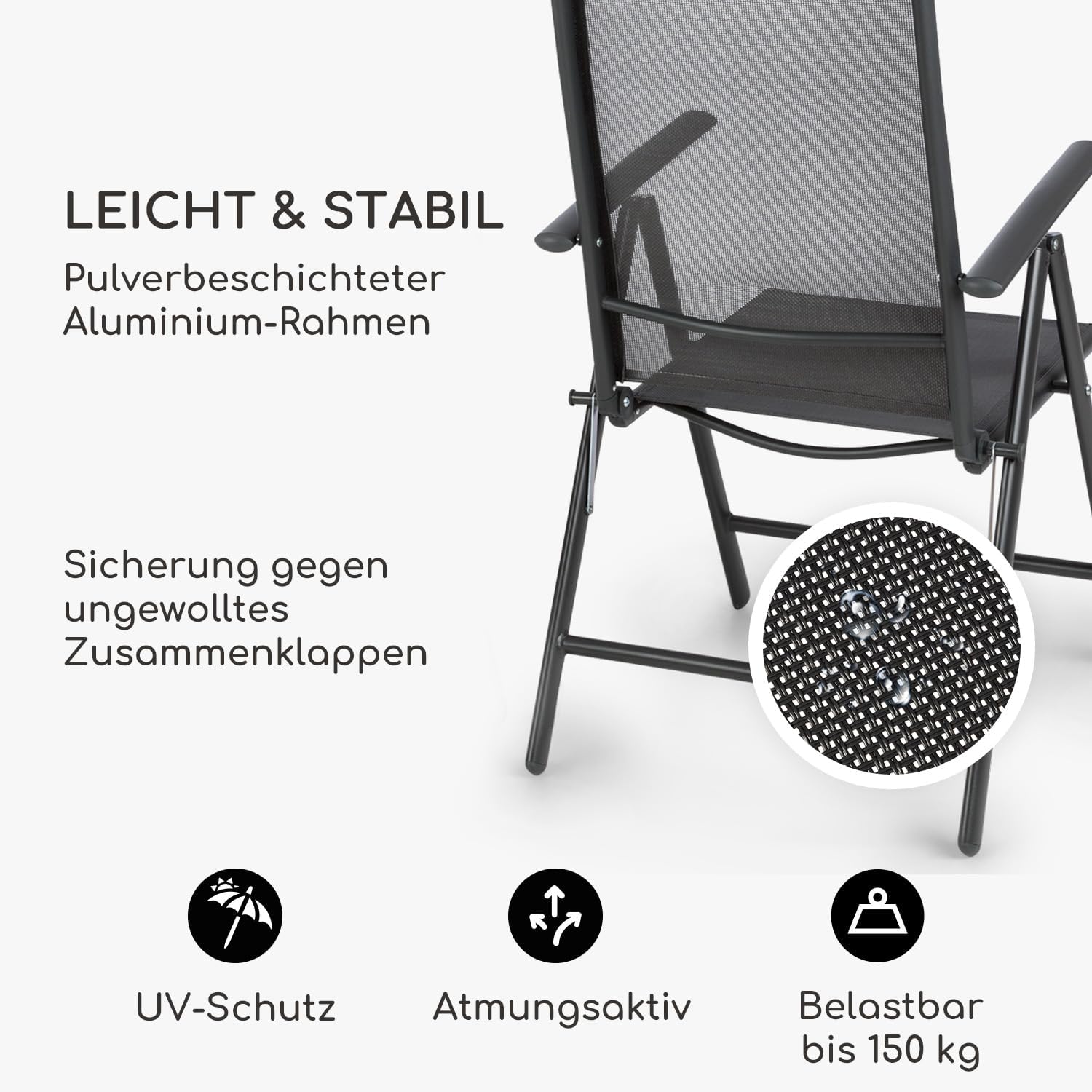 blumfeldt Gartenstühle Hochlehner Klappbar, Campingstuhl Verstellbar & Wetterfest, Gartenstühle 2er Set, Alu Klappstuhl für Balkon & Garten bis 150 kg, Aluminium Gartenstuhl