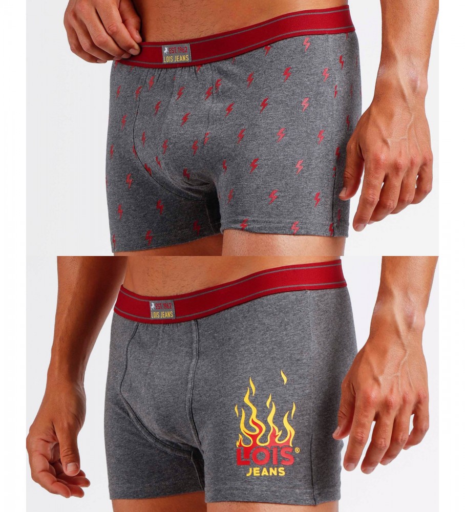 Conjunto de 2 cuecas boxer Lois Rocks, cinza e vermelha.