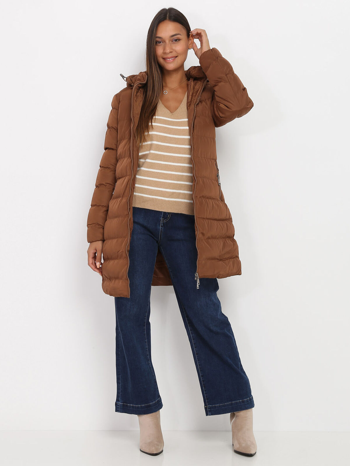 Manteau mi-long matelassé à capuche- Marron