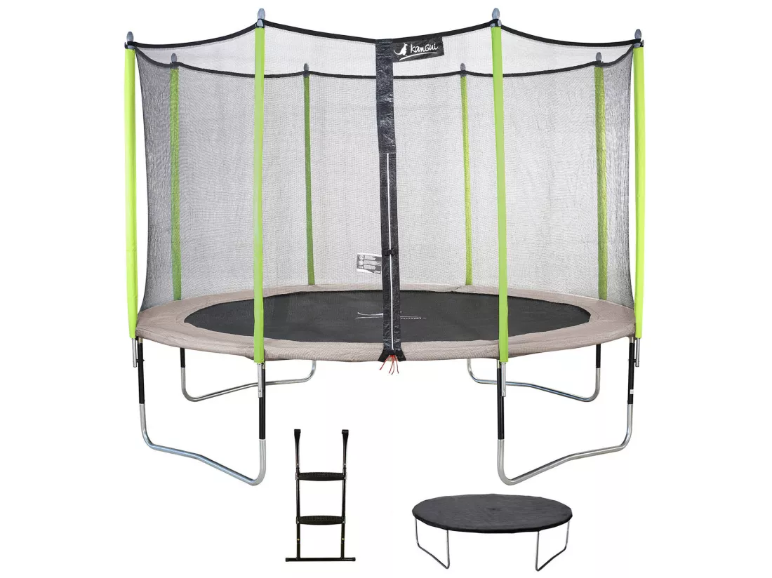 Kangui - Trampoline de jardin 426 cm + filet de sécurité + échelle + bâche de protection JUMPI Taupe/Vert 430.