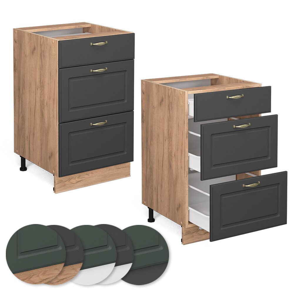 Vicco Schubunterschrank Küchenschrank Küchenmöbel Fame-Line Eiche Anthrazit-Gold Landhaus 50 cm Küche Einbauküche Drehtür Blende Küchenzeile