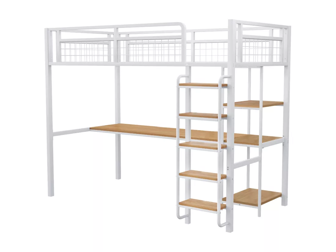 Lit mezzanine en métal 90x200 cm - avec bureau et échelle de sécurité - Blanc