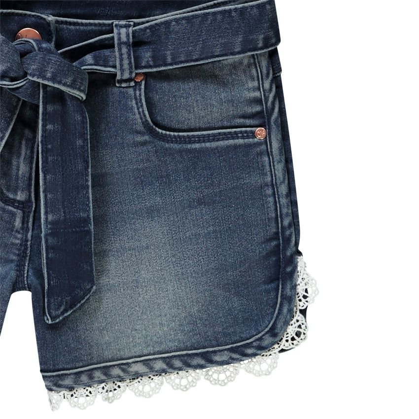 Short en jean délavé pour fille finition dentelle - Bleu