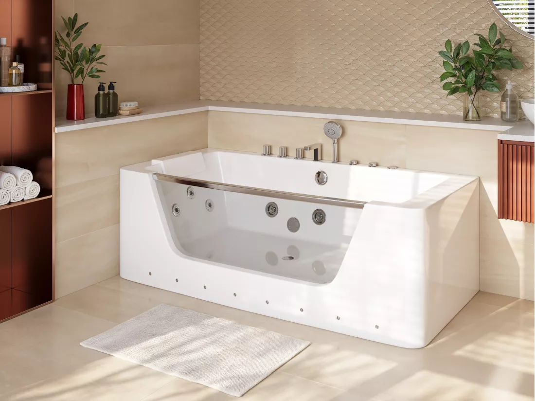 Baignoire balnéo vitrée semi-îlot à leds DYONA - 1 place - 260L - 170*85*58cm - Blanche