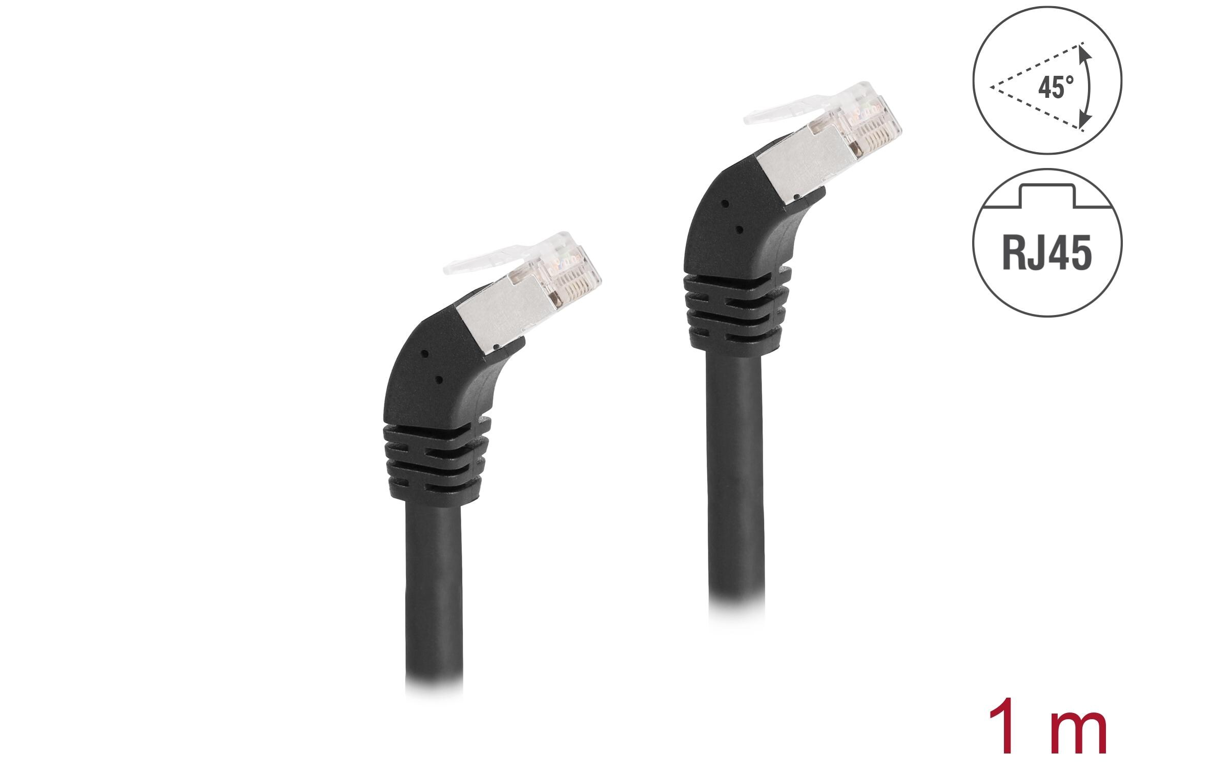 Patchkabel 45° unten gewinkelt Cat 6A, S/FTP, 1 m, SchwarzDelock RJ45 Netzwerkkabel Cat.6A S/FTP 45° nach unten gewinkelt 1 m schwarz