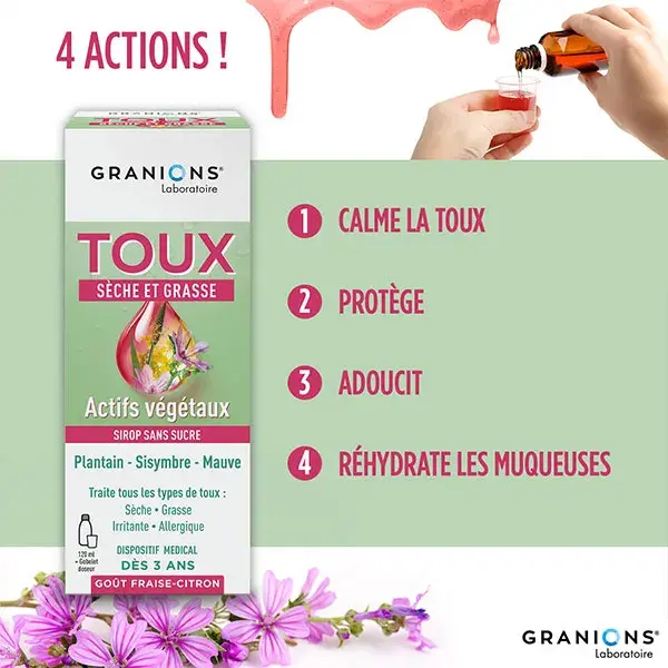 GRANIONS - Xarope para Tosse - Xarope para Tosse Seca e com Catarro - Sabor Morango e Limão - 120 mL