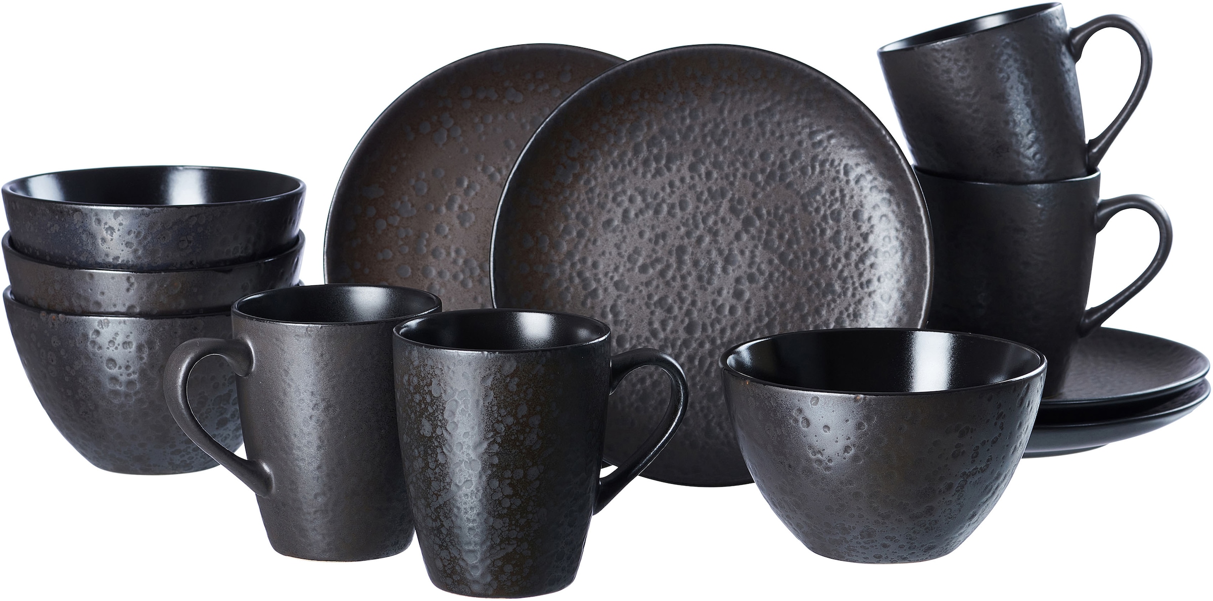 Ritzenhoff & Breker Frühstücks-Geschirrset »Service, Kitwe (Teller, Schale, Kaffeebecher)« seidenmatter Schwarzton mit Kupferstich, 12 Teile, für 4 Personen