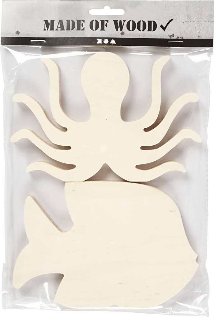 Dyre Figurer I Træ - Blæksprutte Og Fisk - Mal Selv - 11X16 CM - 2 Stk