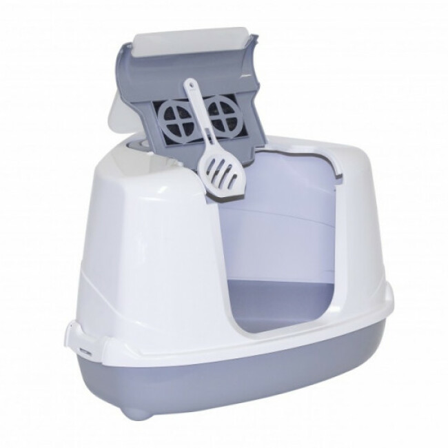 Maison de toilette d'angle pour chat Cozy Corner grise et blanche