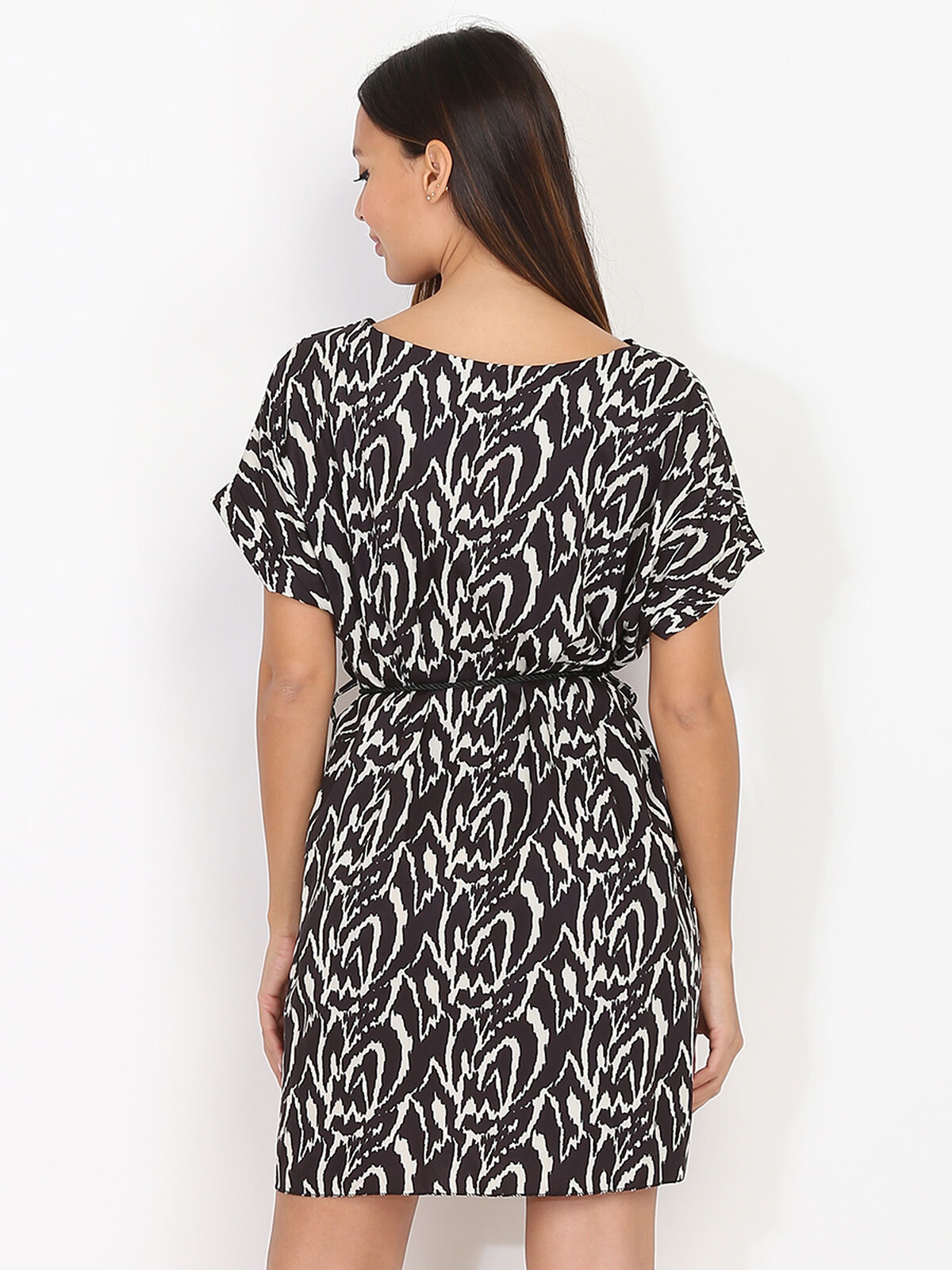 Robe zébrée à cordons et pampilles- Noir / Beige