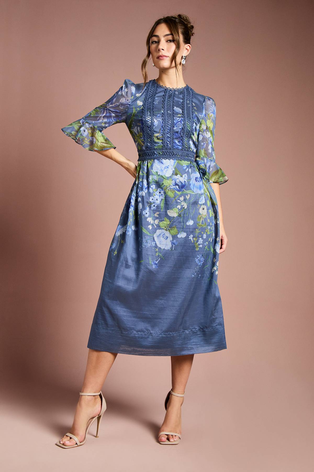 Coast Robe Midi en Organza à Manches 3/4 avec Imprimé Placé