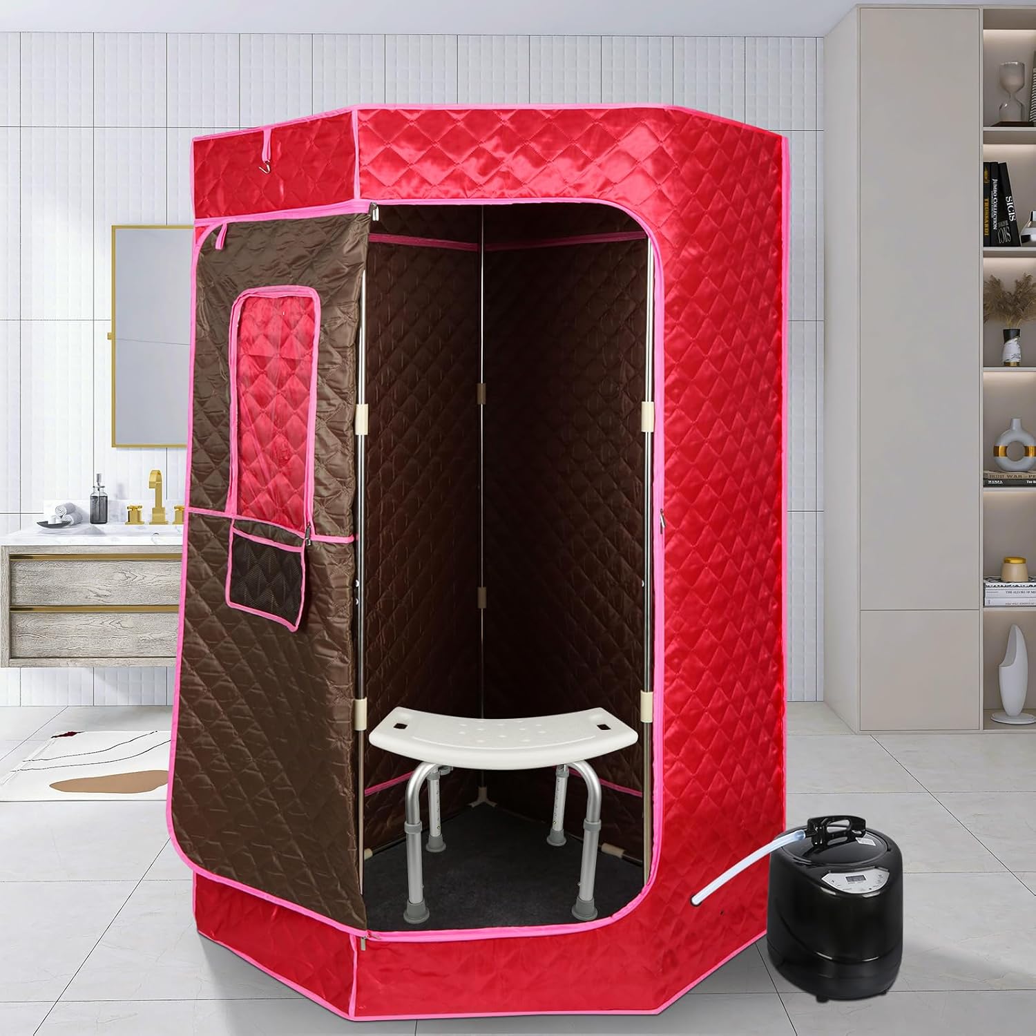Tragbare Dampf-Sauna, 3L Faltbare Saunakabine 1500 W, mit Fernbedienung und 1 Räucherinstrument, für Heimsaunas und Zeltsaunas (ohne Stuhl), 90 * 90 * 180 cm - 3L - rot