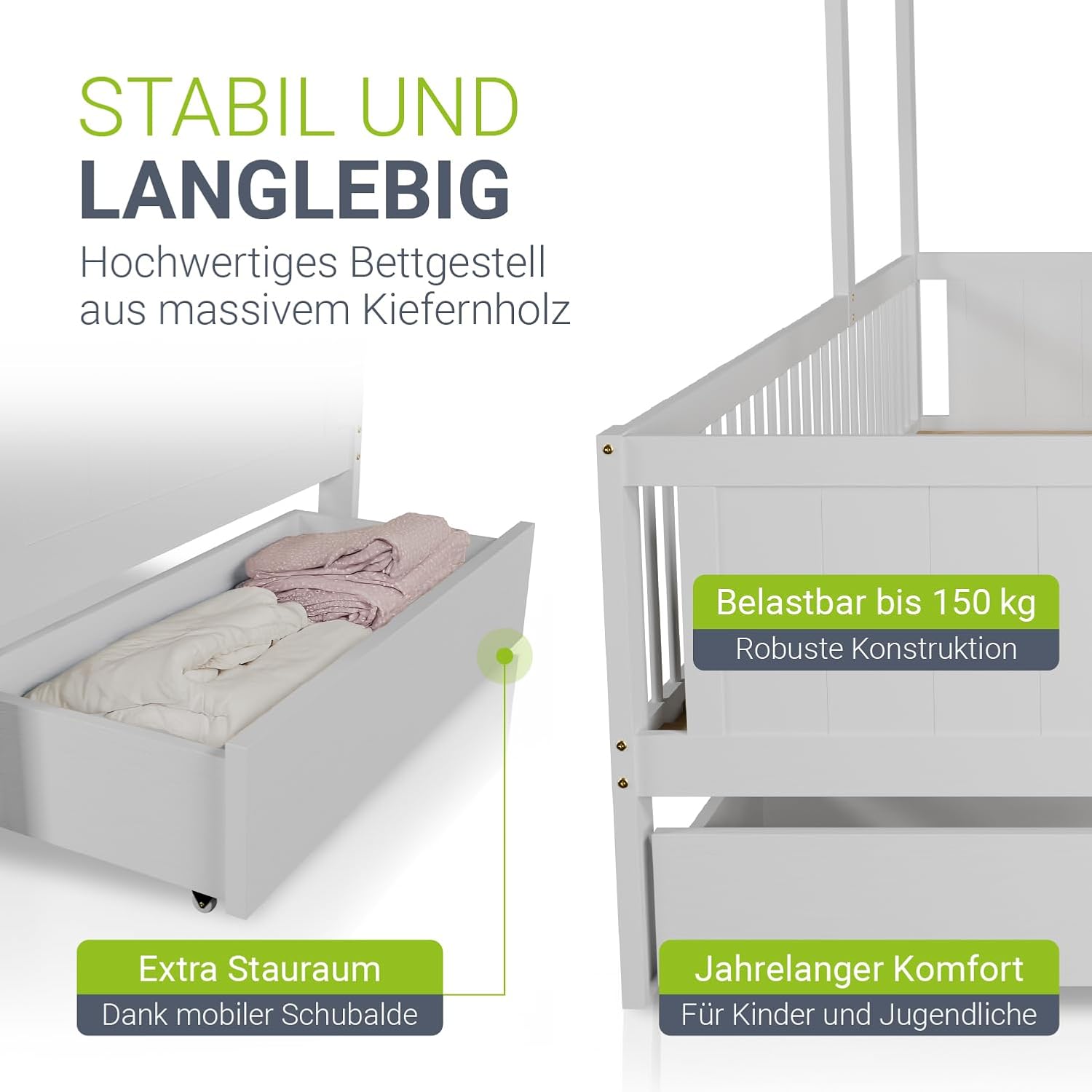 Juskys Kinderbett Yari 90x200 cm - Einzelbett mit Schreibtisch & Schublade, Kiefernholz & Langlebige Materialien, Verspieltes Haus-Design - Weiß