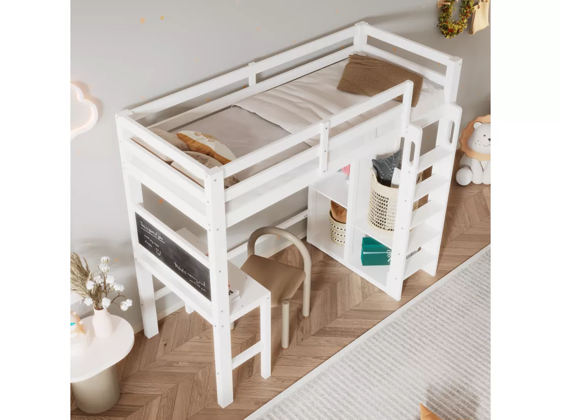 Lit mezzanine 90 x 200 cm pour enfant avec bureau, armoire et étagères - Bois de pin et MDF - Blanc