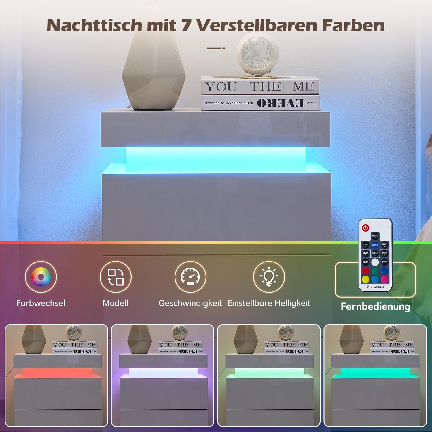 TUKAILAI 2X Nachttisch Weiß mit RGB Led Licht 2 Schubladen Nachtschrank Holz Beistelltisch Organizer Einheit Nachtkonsole Nachtkommode für Schlafzimmer Wohnzimmer