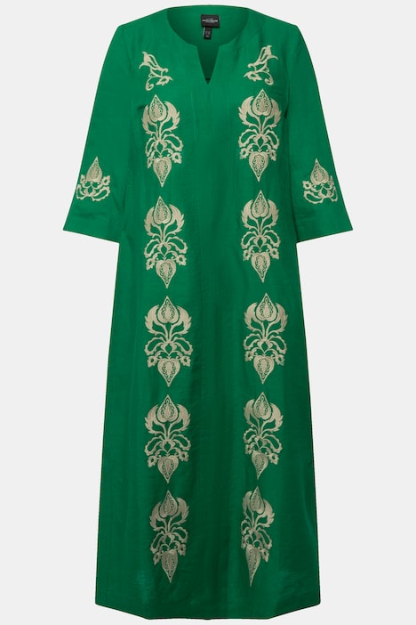 Leinen-Maxikleid, Stickerei, Tunika-Ausschnitt, 3/4-Arm
