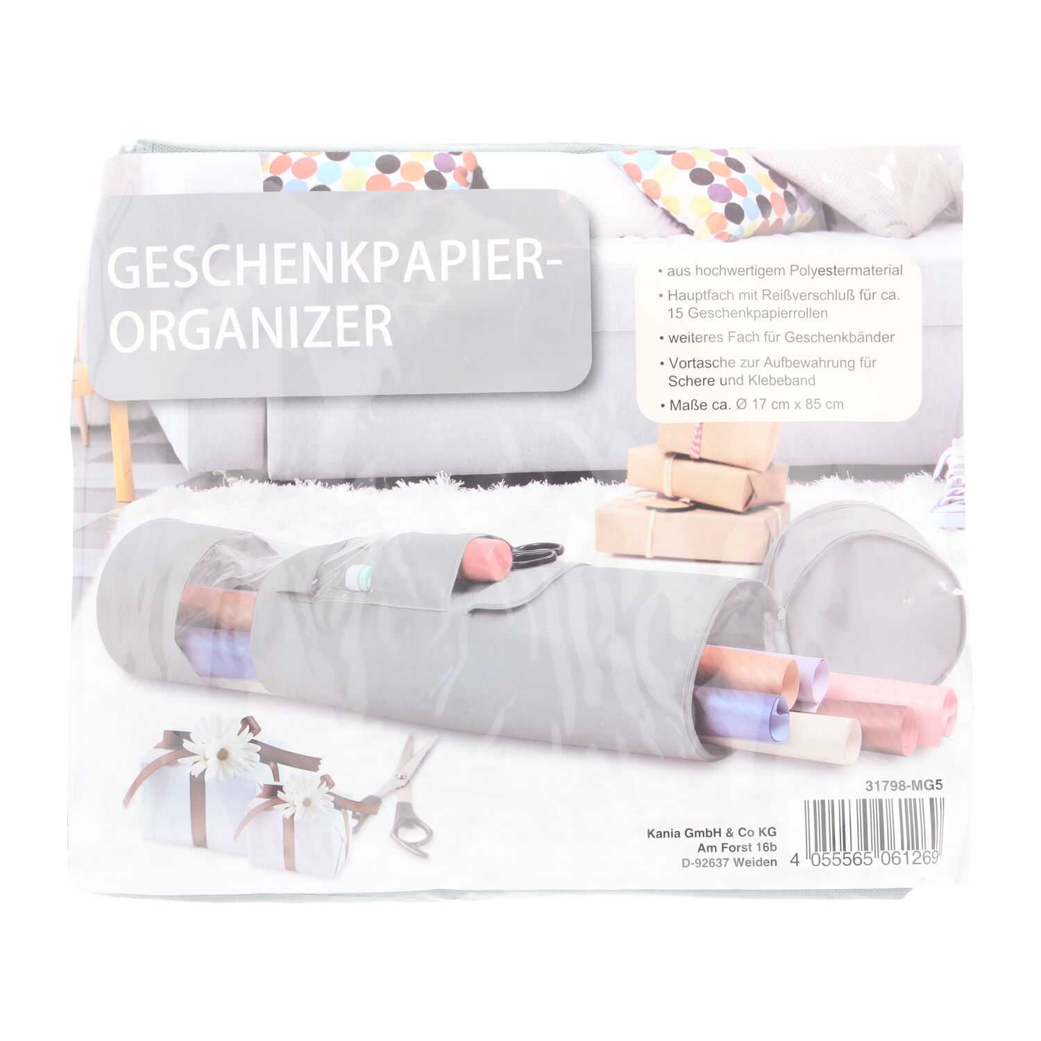 Geschenkpapier-Organizer für 15 Geschenkpapierrollen mit 2 Außenfächern 85 cm