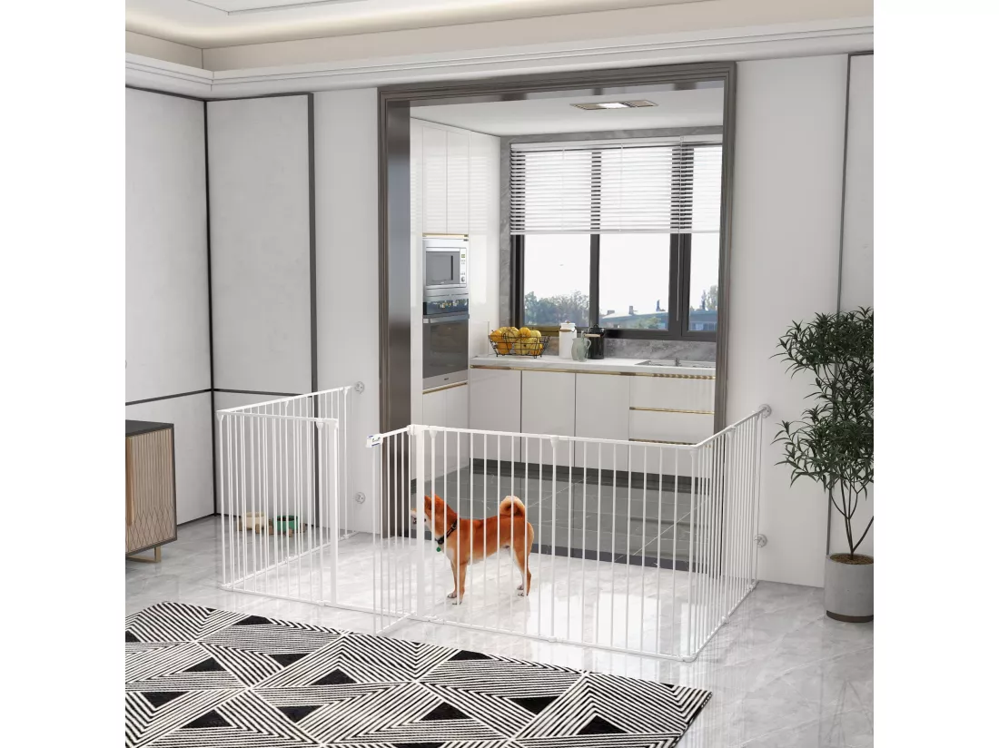 Barrière de sécurité parc enclos chien modulable pliable porte verrouillable intégrée 8 panneaux acier PP blanc
