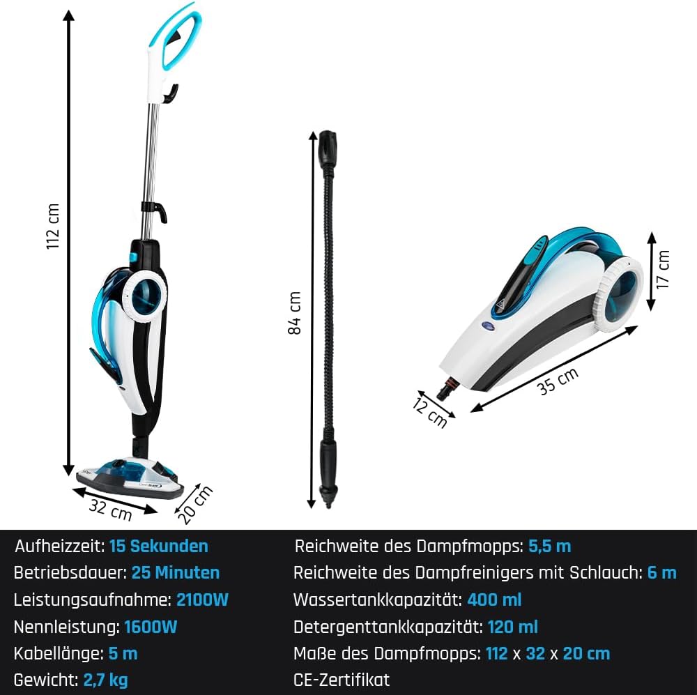 Yoer CleanSlide SMC01W, Dampfmop mit Handwaschanlage, 6 m Reichweite, 400-ml-Tank, Zubehörsatz, Schnellaufheizung, Drehfuß, für Teppiche, Polster, Teppichböden, weiß