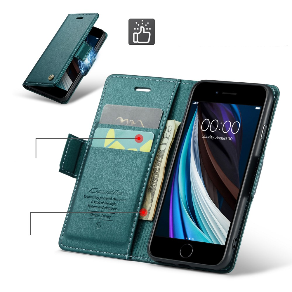 iPhone SE (2022/2020) / 8 / 7 / 6S Leder Tasche Flip Wallet Etui mit Kartenfächern Litchi Look (RFID Schutz) - Grün