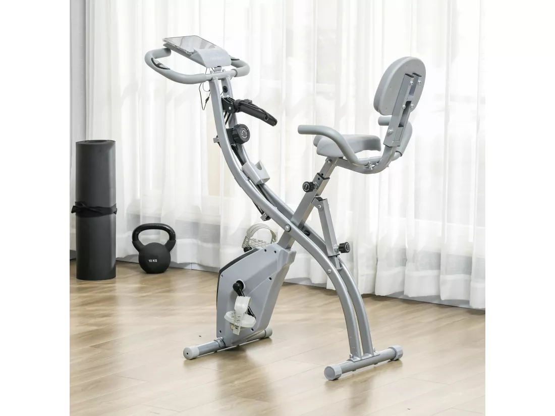 Vélo d'appartement pliant 8 niveaux de résistance magnétique dossier selle réglable poignées ergonomiques écran LCD multifonction suspensions support tablette acier gris