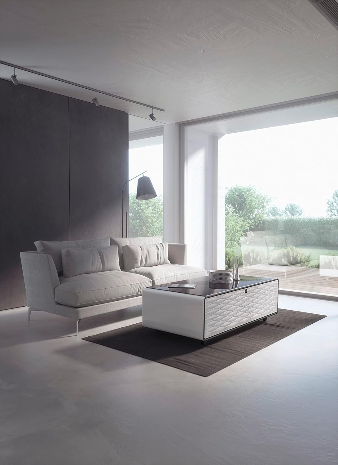 CASO Sound & Cool White, Soundbar und Lounge-Tisch mit Lademöglichkeiten, Bluetooth, USB, klangvoller Sound, LED-Beleuchtung, Zwei Kühlfächer (insg. 135 l), individuell einstellbarer Temperatur