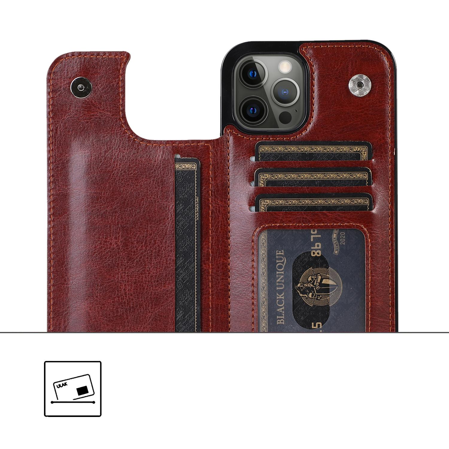 iPhone 14 Pro Max Hybrid Leder Hülle mit Kartenfach   Kickstand Aufsteller - Braun