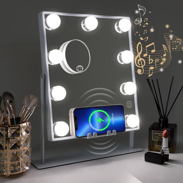 VANITII Skønhedsspejl med lys, Bluetooth, trådløs opladning, bordstående, metal, hvid, 25×30 cm