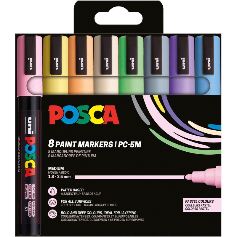 Marqueur Posca PC5M couleurs pastel assorties pointe conique 1,8 à 2,5 mm - Étui de 8