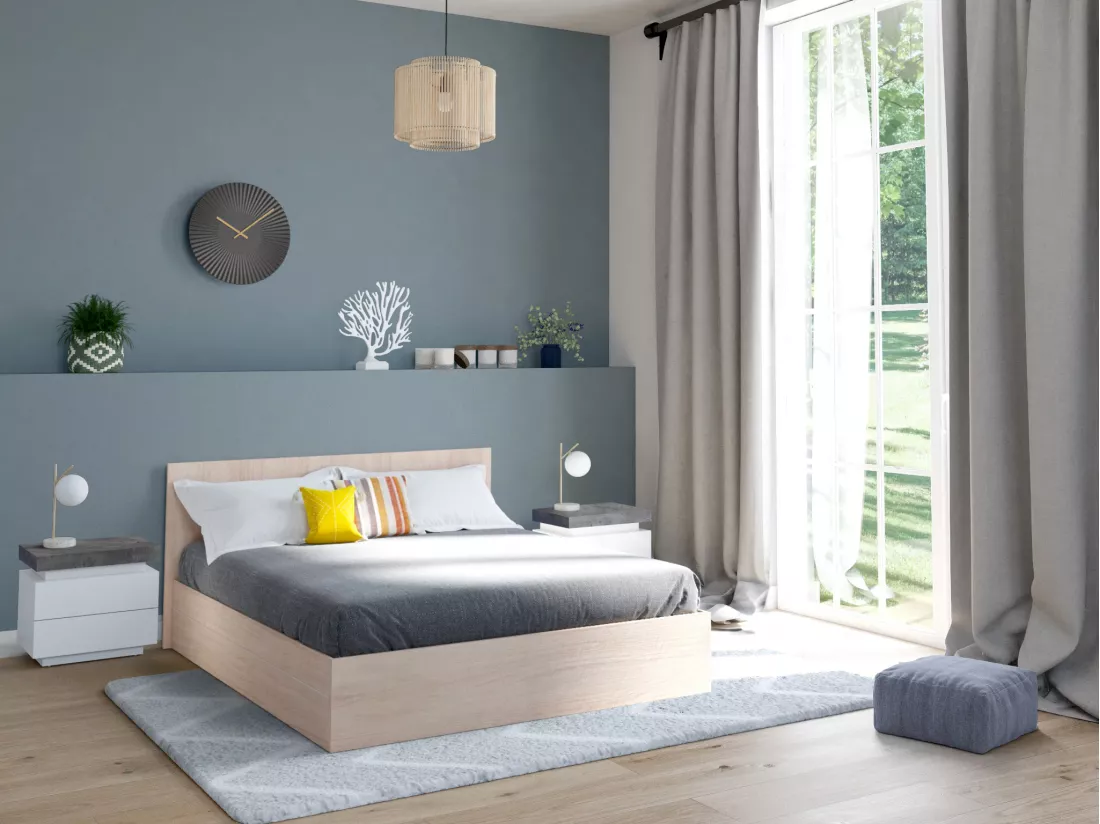 Lot de 2 tables de chevet - 2 tiroirs - MDF Laqué - Avec LEDs - Coloris : Blanc et béton - HALO II