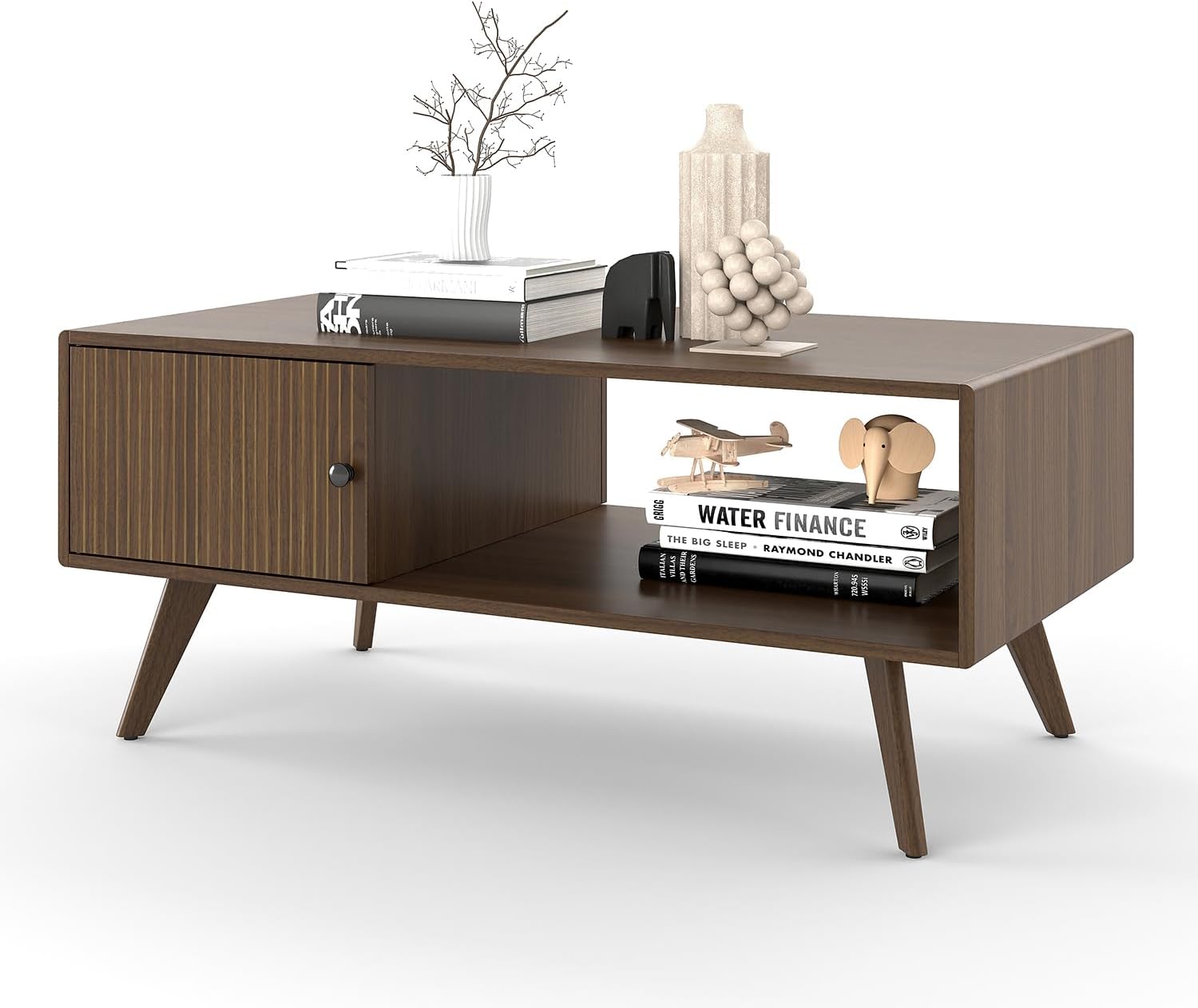 Manora Couchtisch Nussbaum - Couchtisch mit Stauraum (Schließfächer + Offenes Regal), 105x55x45cm, Moderner Wohnzimmertisch Braun für Wohnzimmer