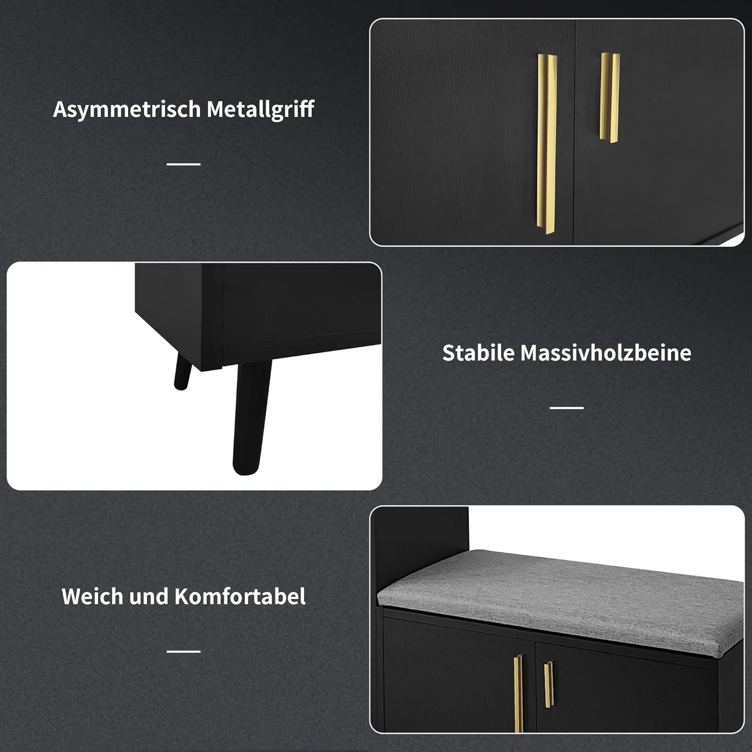 Merax Schuhschrank mit Sitzbank, Schuhbank mit Sitzfläche, 3 Stauraumtüren, asymmetrische Metallgriffen, Schwarz, B100/T34/H69 cm