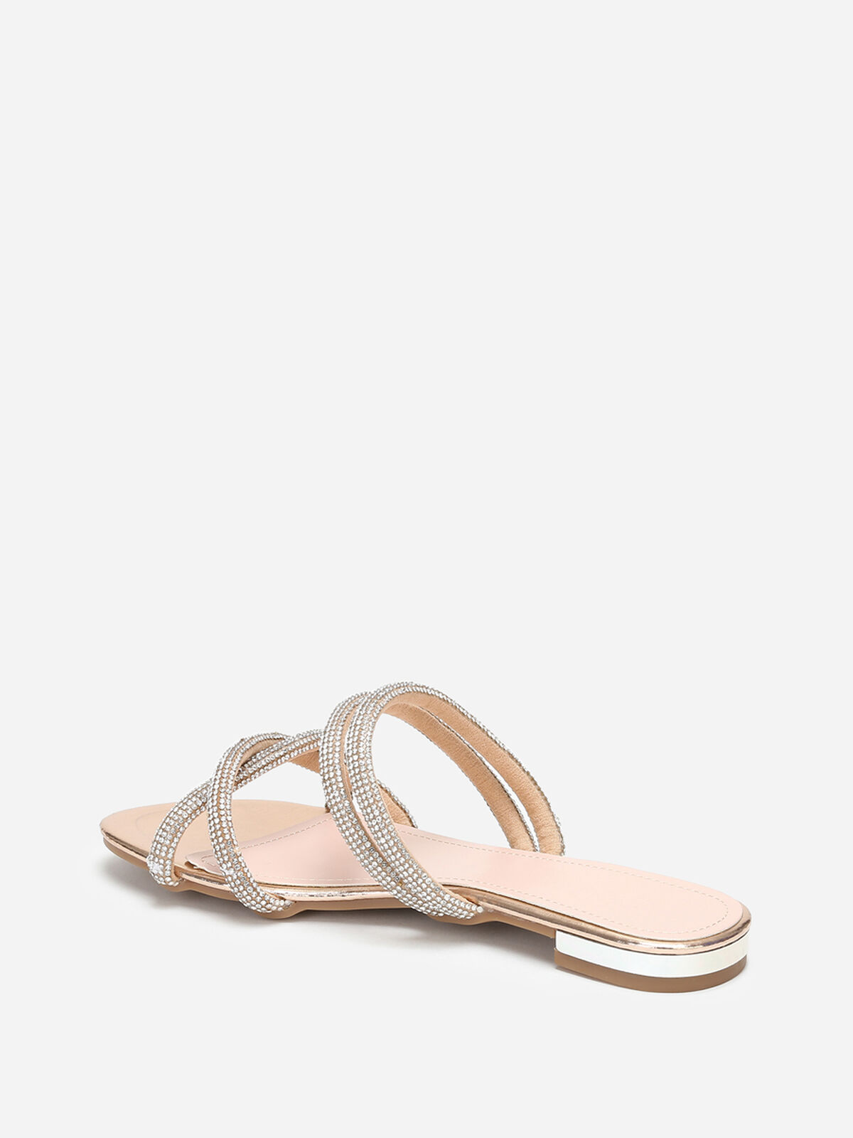 Mules plates à multi-brides en strass- Doré rose