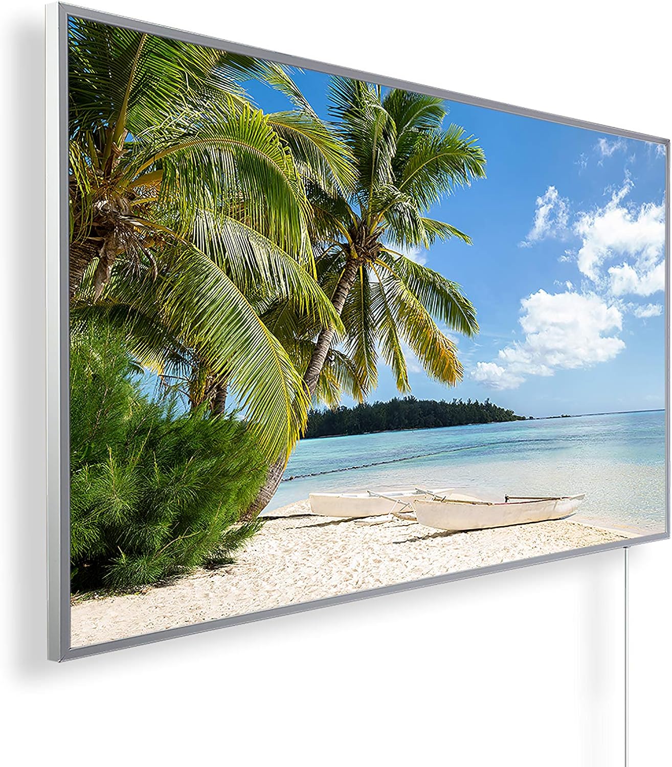 Infrarotheizung mit Bild – Bildmotiv – TÜV SÜD - 600 Watt Bildheizung - Weißer Rahmen (40. Insel Palme)