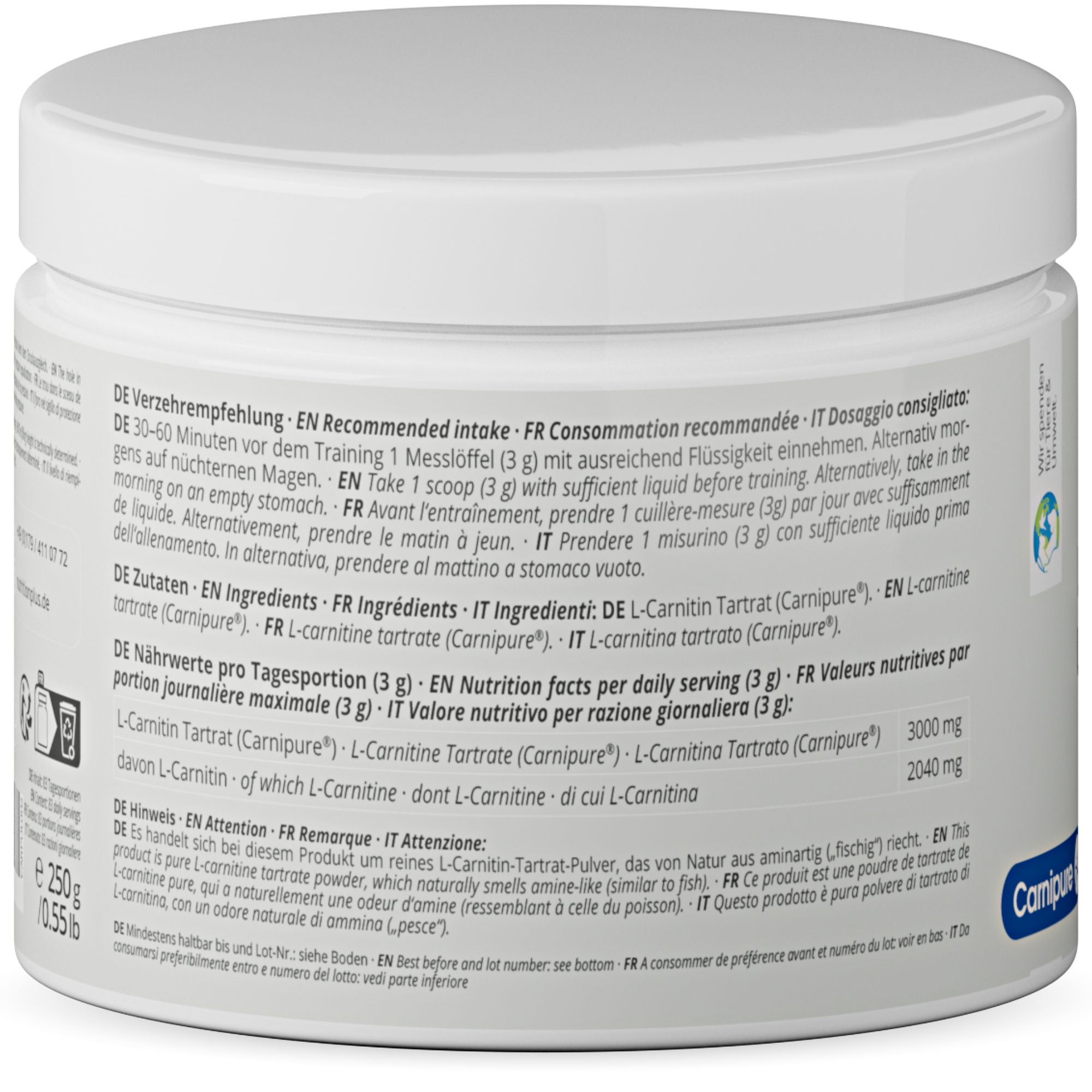 Nutri+ L-Carnitin Pulver 250g (Carnipure®)